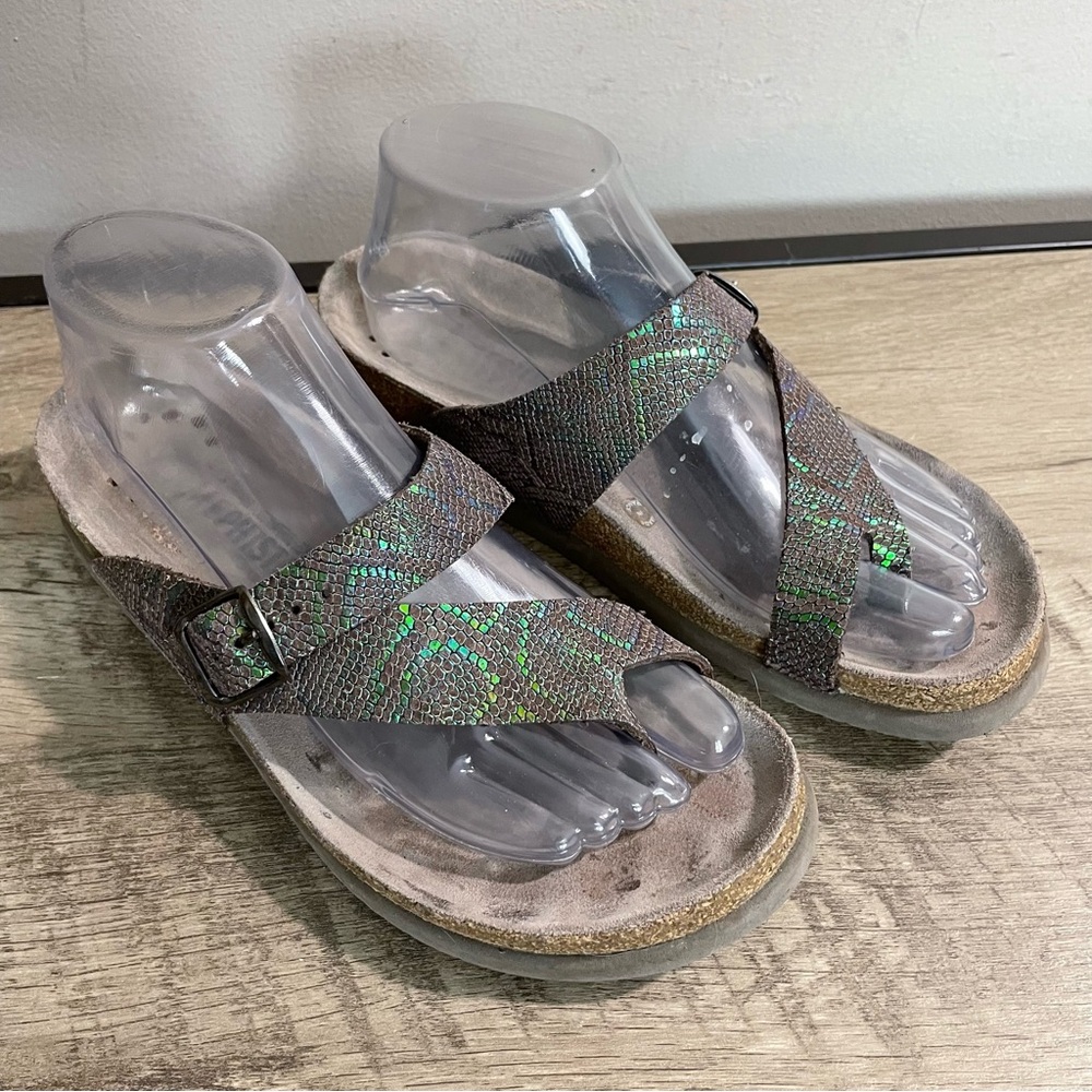 Womens MEPHISTO Metallic Snakeskin Leather HELEN Foot Bed THONG Comfort SANDALS